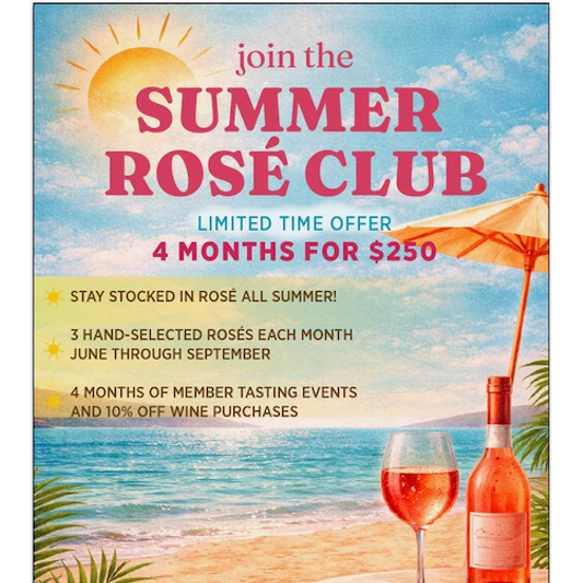 Advertisement for Summer Rosé Club with beach scene, bottle of rosé, and glass.