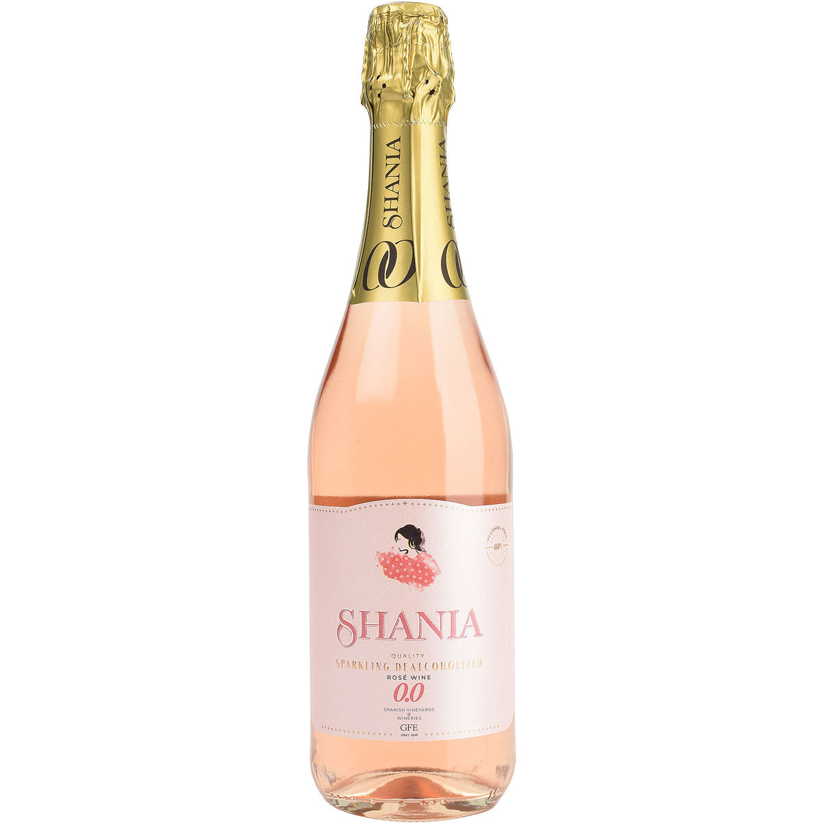 Bottle of Shania 0.0 non-alcoholic sparkling rose with gold foil