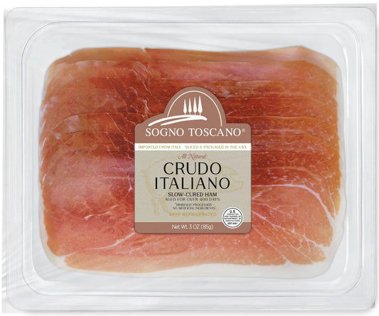 Pre-packaged Prosciutto in 3-oz plastic container against a white background. 