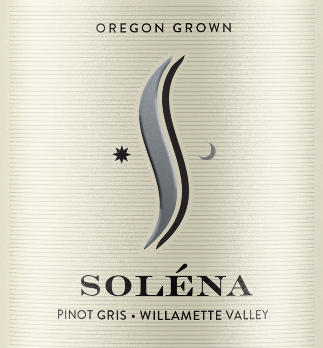 Soleána Pinot Gris wine label with logo and text on a beige background