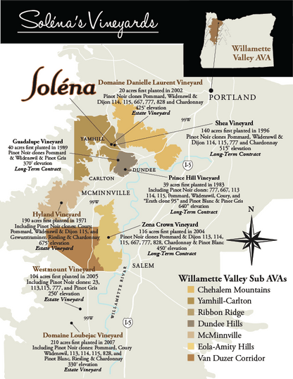 Map of Soléna's Vineyards in the Willamette Valley with vineyard names and locations.