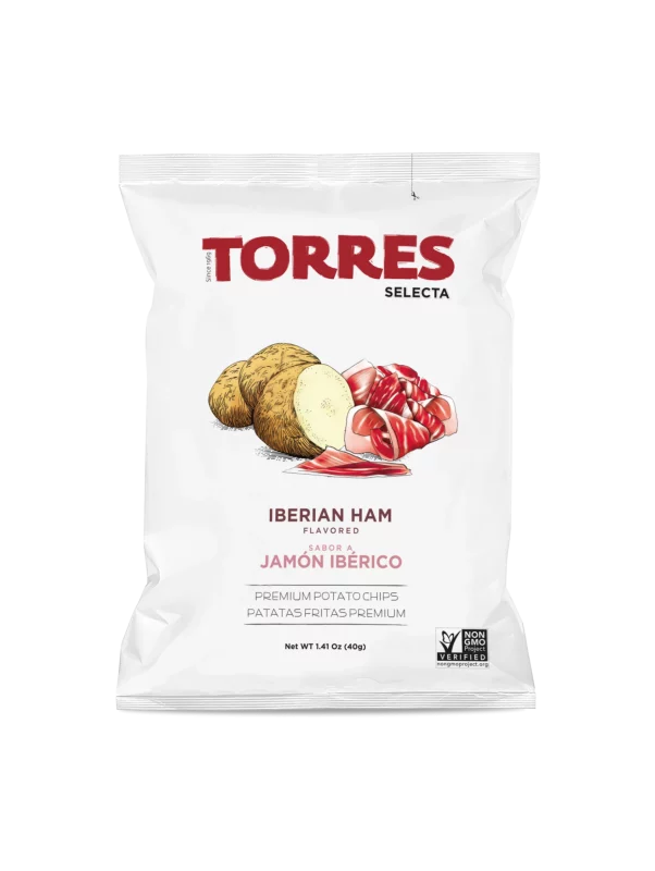 Bag of Torres Iberian Ham flavored potato chips. A white bag with red title font and a drawing of a potato next to Iberian Ham slices.