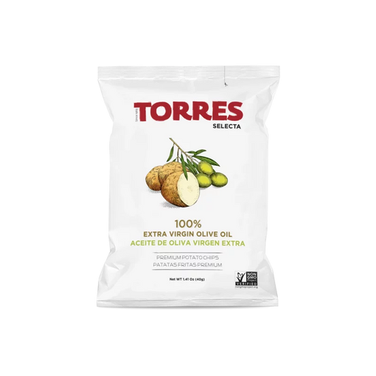A white bag of Torres Selecta 100% extra virgin olive oil potato chips, featuring a red brand logo and an illustration of potatoes and olives on the front.
