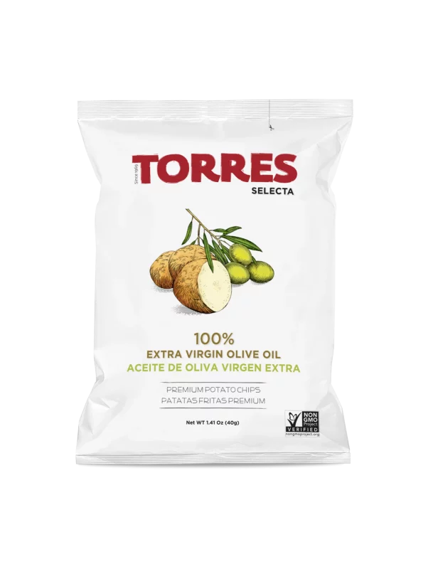 A white bag of Torres Selecta 100% extra virgin olive oil potato chips, featuring a red brand logo and an illustration of potatoes and olives on the front.