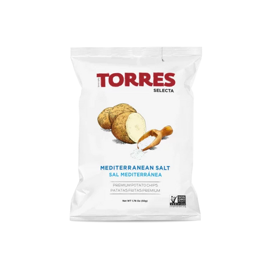 Bag of Torres Mediterranean Salt Potato Chips. A white bag with red title font and a picture of a potato.