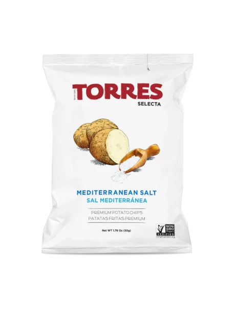 Bag of Torres Mediterranean Salt Potato Chips. A white bag with red title font and a picture of a potato.