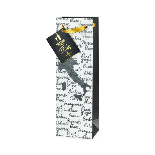 Single bottle wine gift bag showing a plack outline of Italy and script showing names of Italian wines. Gold ribbon handle with gift card.