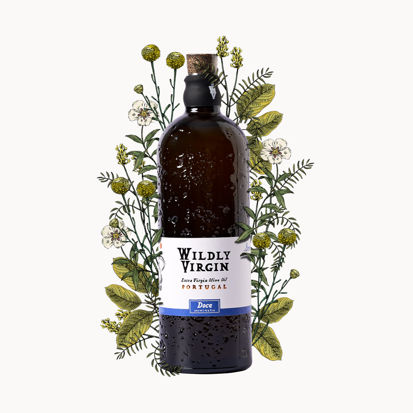 Bottle of the Doce olive oil From Wildly Virgin Olive Oil Company in southern Portugal. The bottle appears on a white background, with wild herbs resting behind the bottle.