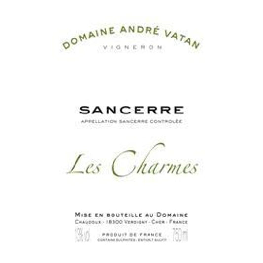 Dom Andre Vatan Les Charmes Sancerre 2025 bottle label with white background and black text
