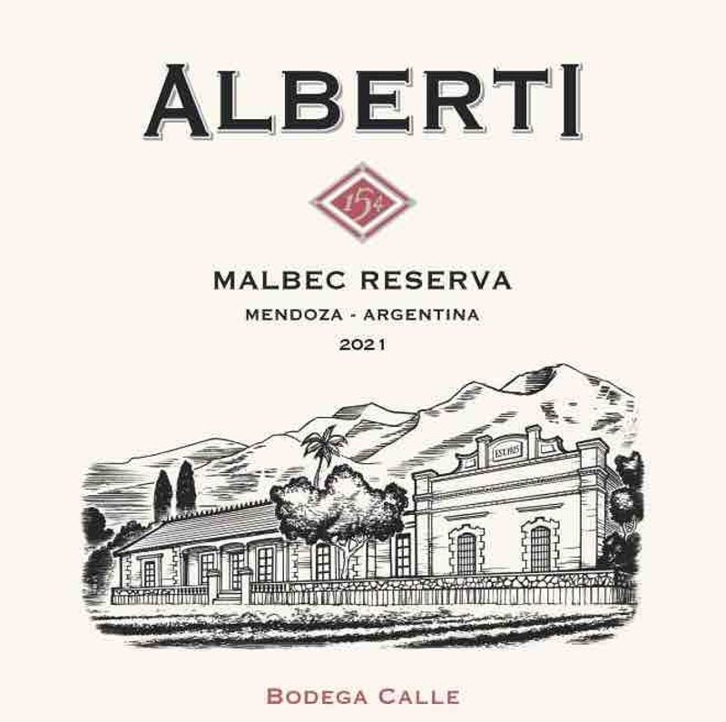 Bodega Calle Alberti Malbec Reserva 2021 label with winery illustration
