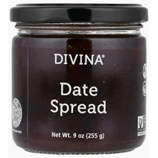 Jar of Divina Date Spread with black lid on a white background