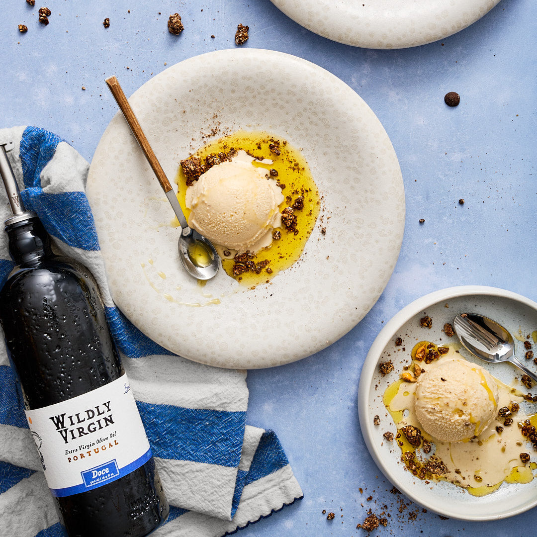 A serving suggestion for the Wildly Virgin olive oil: pour it over vanilla ice cream and dust with crumbled chocolate nibs.