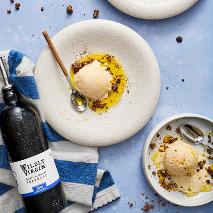 A serving suggestion for the Wildly Virgin olive oil: pour it over vanilla ice cream and dust with crumbled chocolate nibs.